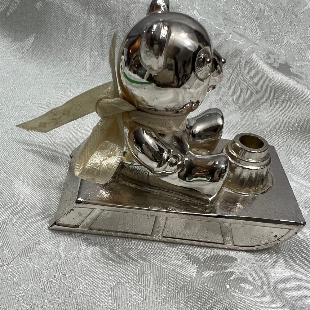 Vintage Silver Coated Baby Candle Holder Teddy Bear On Sleigh Japan